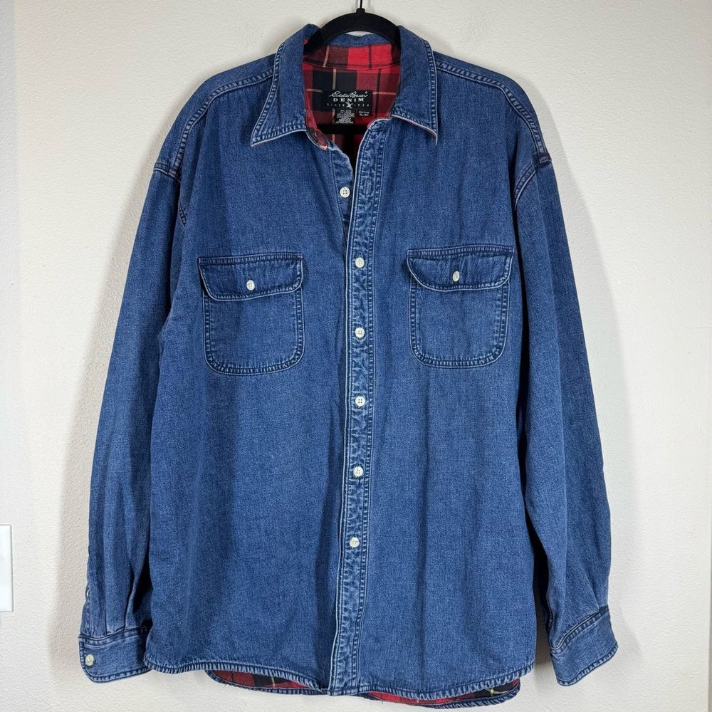 Vintage Eddie Bauer Denim Flannel Lined Shirt Jacket Shacket Chore Coat Mens XL